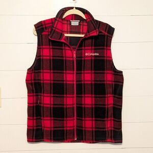 Columbia Women's Medium, Red Black Buffalo Check Fleece Vest, Outdoor, Excellent